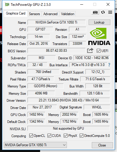 Is there new VBIOS update for MSI GeForce GTX 1050 TI 4G OCV1